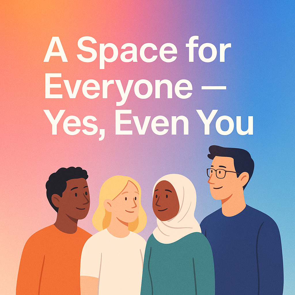 Inclusive digital scene with diverse silhouettes standing in harmony, set against a calming, radiant background — symbolizing belonging, unity, and open invitation.