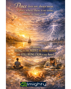Inspirational peace quote over a dramatic yet calming landscape.